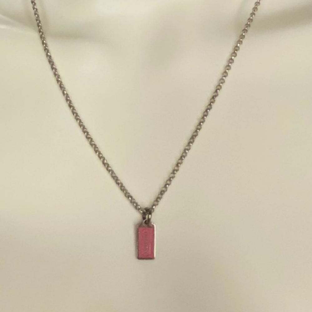 Coach Pink Enamel Hang Tag Silver Necklace